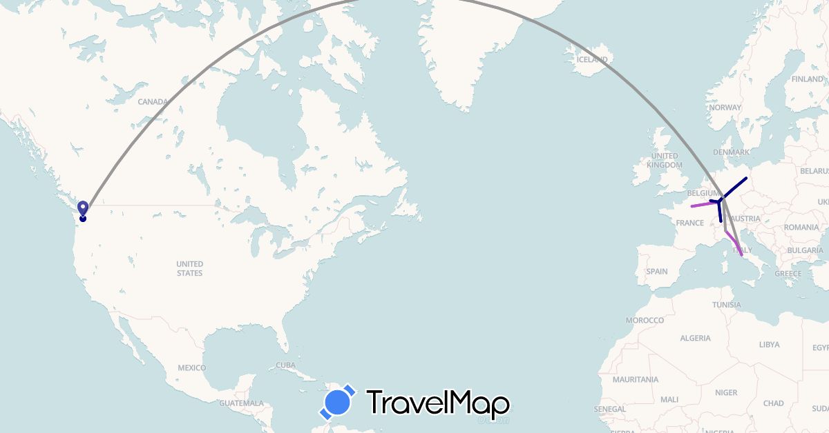TravelMap itinerary: driving, plane, train, hiking in Switzerland, Germany, France, Italy, Luxembourg, United States, Vatican City (Europe, North America)